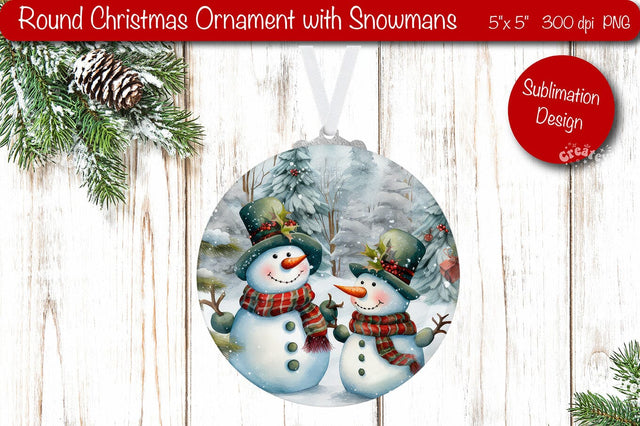 Round Christmas ornament Sublimation Watercolor Snowman PNG Sublimation Createya Design 