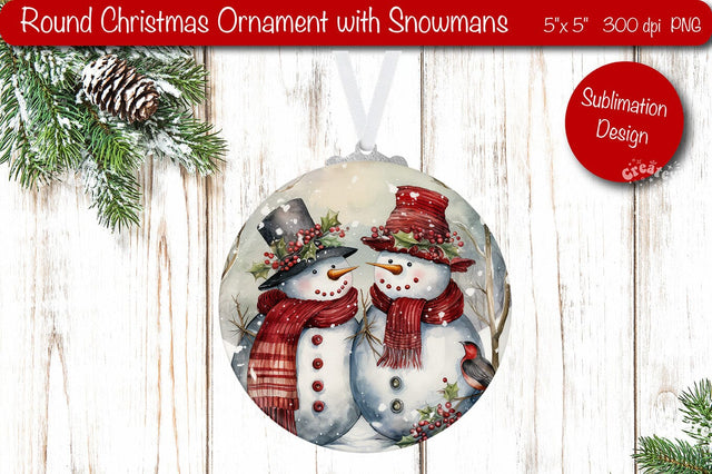Round Christmas ornament Sublimation Watercolor Snowman PNG Sublimation Createya Design 
