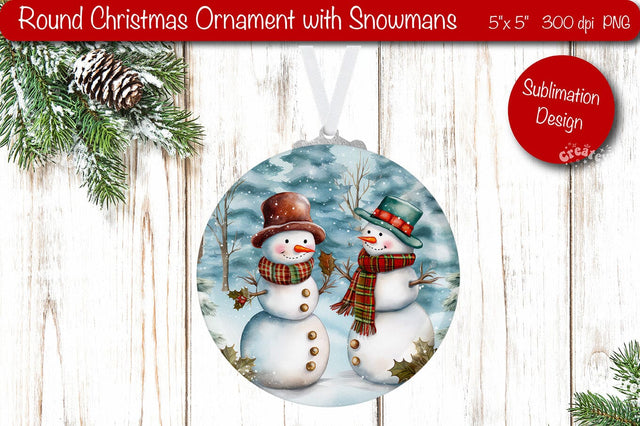 Round Christmas ornament Sublimation Watercolor Snowman PNG Sublimation Createya Design 