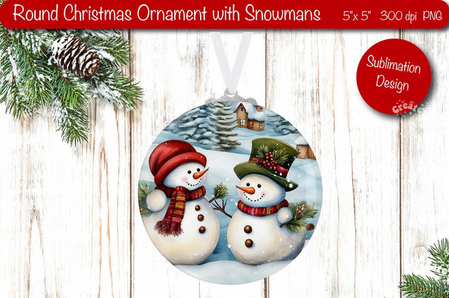 Round Christmas ornament Sublimation Watercolor Snowman PNG Sublimation Createya Design 