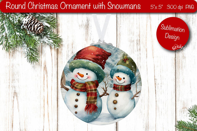 Round Christmas ornament Sublimation Watercolor Snowman PNG Sublimation Createya Design 