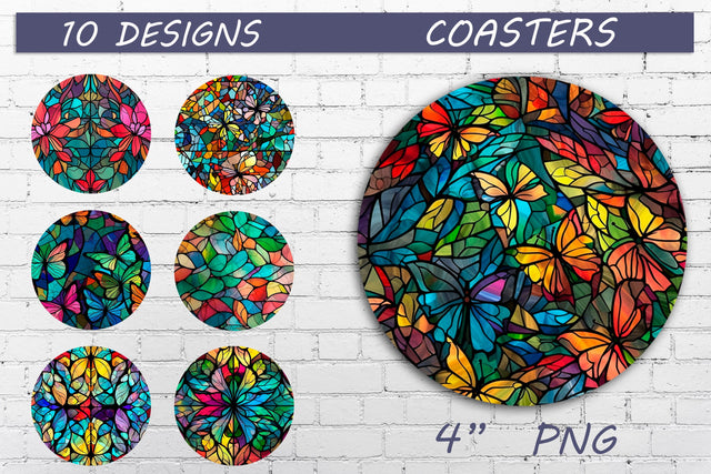 Round coasters with butterfly stained glass png, Sublimation design Sublimation AnastasiyaArtDesign 
