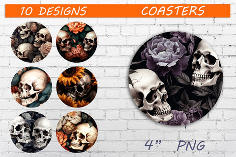 Round coasters with flowers skull png, Halloween sublimation design Sublimation AnastasiyaArtDesign 