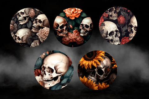 Round coasters with flowers skull png, Halloween sublimation design Sublimation AnastasiyaArtDesign 