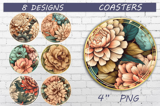 Round flowers car coasters png, Floral coaster sublimation set Sublimation AnastasiyaArtDesign 