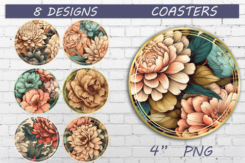 Round flowers car coasters png, Floral coaster sublimation set Sublimation AnastasiyaArtDesign 