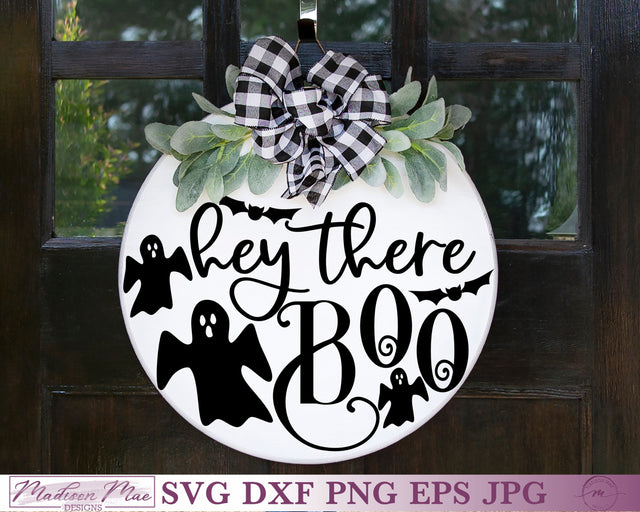 Round Halloween Door Hanger Sign | Hey There Boo SVG SVG Madison Mae Designs 