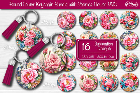 Round Keychain Bundle Sublimation Design Flowers keychain PNG Peonies Sublimation Createya Design 