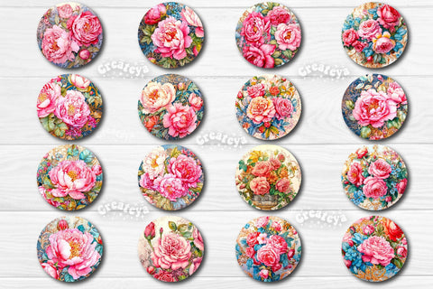 Round Keychain Bundle Sublimation Design Flowers keychain PNG Peonies Sublimation Createya Design 