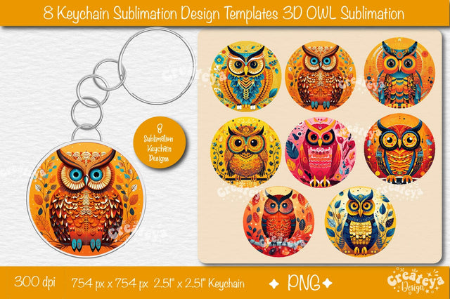 Round Keychain Sublimation Bundle 3d owl Keychain sublimation template PNG Sublimation Createya Design 