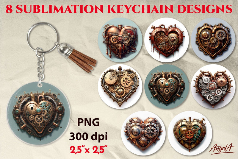Round keychain sublimation / steampunk heart sublimation PNG - So Fontsy