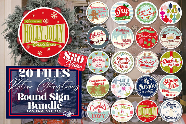 Round Retro Christmas Svg Bundle, Vintage Christmas Sign SVG Crafty Mama Studios 