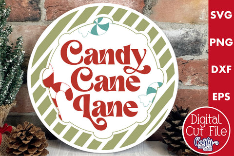 Round Retro Christmas Svg Sign, Candy Cane Lane SVG Crafty Mama Studios 