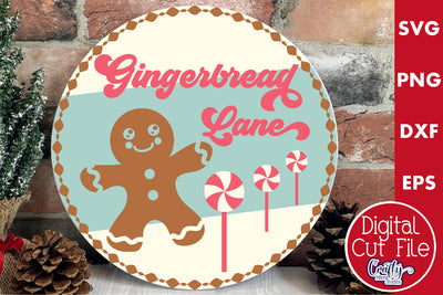 Round Retro Christmas Svg Sign, Gingerbread Lane SVG Crafty Mama Studios 