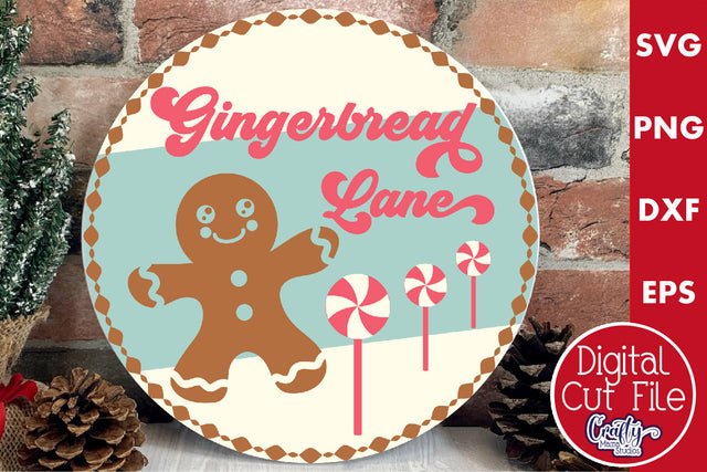 Round Retro Christmas Svg Sign, Gingerbread Lane SVG Crafty Mama Studios 