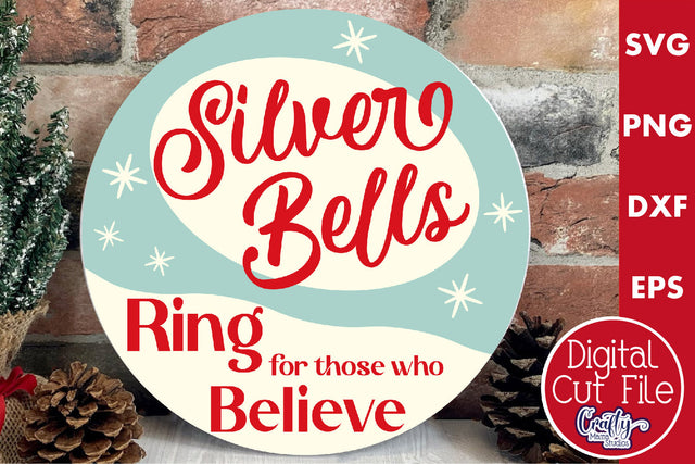 Round Retro Christmas Svg Sign, Silver Bells SVG Crafty Mama Studios 