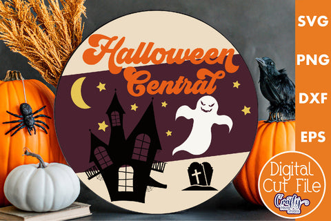 Round Retro Halloween Sign Svg, Halloween Central Old Style SVG Crafty Mama Studios 