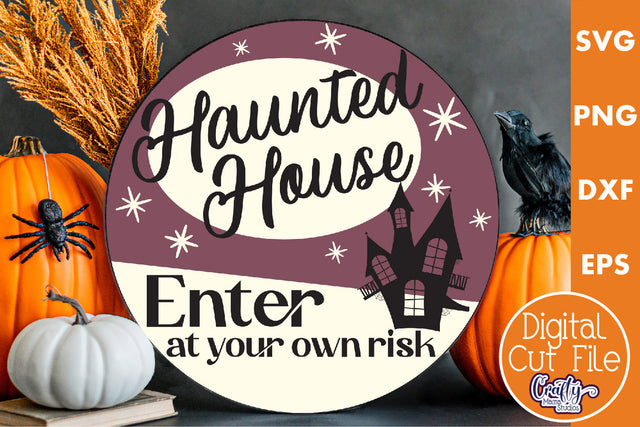 Round Retro Halloween Sign Svg, Haunted House Old Style Sign SVG Crafty Mama Studios 