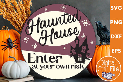 Round Retro Halloween Sign Svg, Haunted House Old Style Sign SVG Crafty Mama Studios 