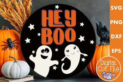 Round Retro Halloween Sign Svg, Hey Boo Old Style Sign SVG Crafty Mama Studios 