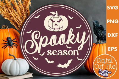 Round Retro Halloween Sign Svg, Spooky Season Old Style Sign SVG Crafty Mama Studios 