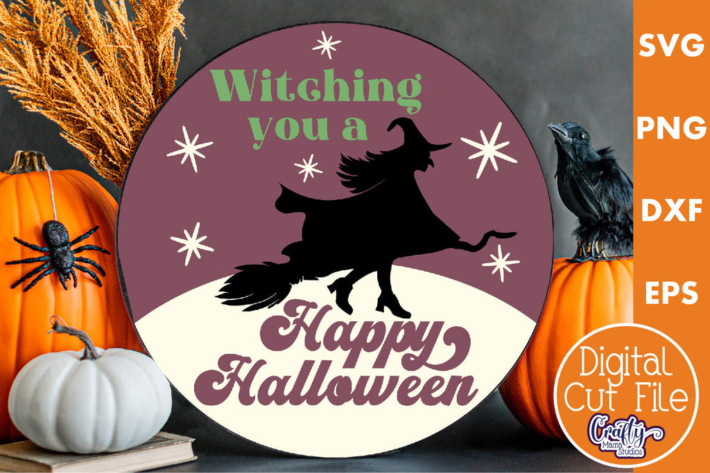 Round Retro Halloween Sign Svg, Witching You Happy Halloween - So Fontsy