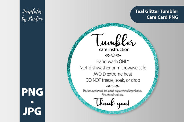 Round turquoise glitter tumbler care card. Teal cup care instruction card PNG SVG Templates by Pauline 