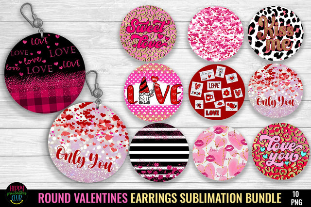 Round Valentines Earrings Sublimation Bundle I Valentines Earrings PNG Sublimation Happy Printables Club 