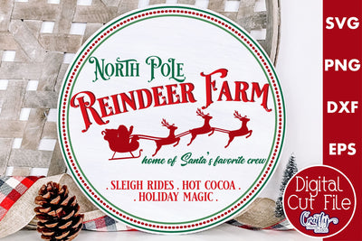 Round Vintage Christmas Svg Sign, North Pole Reindeer Farm SVG Crafty Mama Studios 