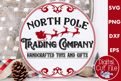 Round Vintage Christmas Svg Sign, North Pole Trading Company SVG Crafty Mama Studios 