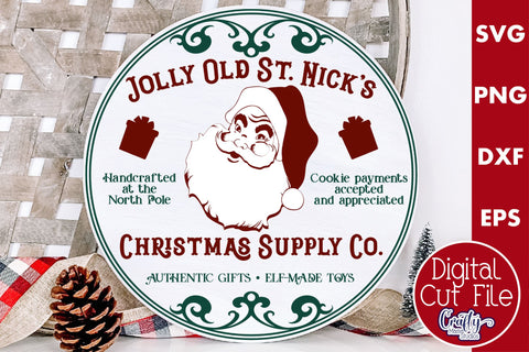Round Vintage Christmas Svg Sign, Santa Supply Company SVG Crafty Mama Studios 