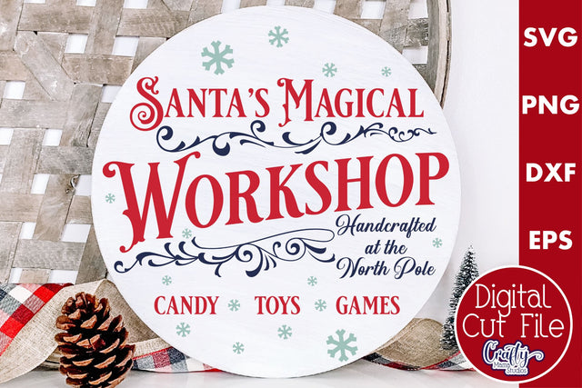 Round Vintage Christmas Svg Sign, Santa's Workshop SVG Crafty Mama Studios 
