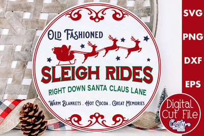 Round Vintage Christmas Svg Sign, Sleigh Rides SVG Crafty Mama Studios 