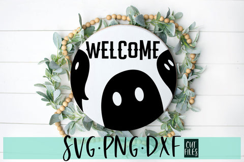 Round Welcome Sign With Ghosts SVG, Funny Farmhouse Halloween SVG Sign SVG RedFoxDesignsUS 