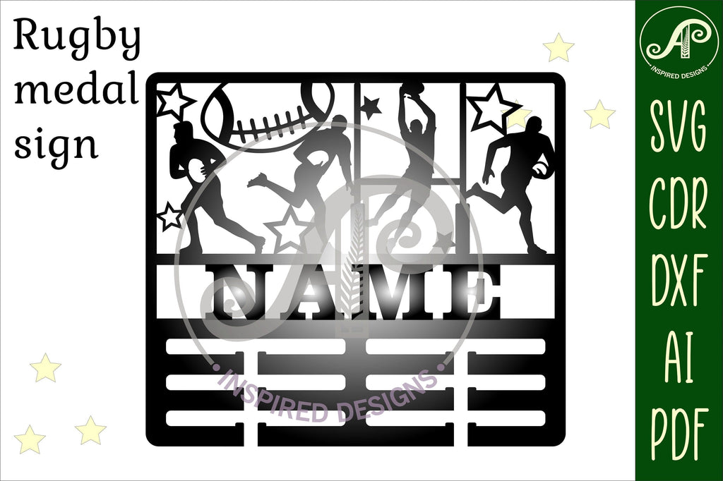 Rugby medal holder Name svg laser cut template - So Fontsy