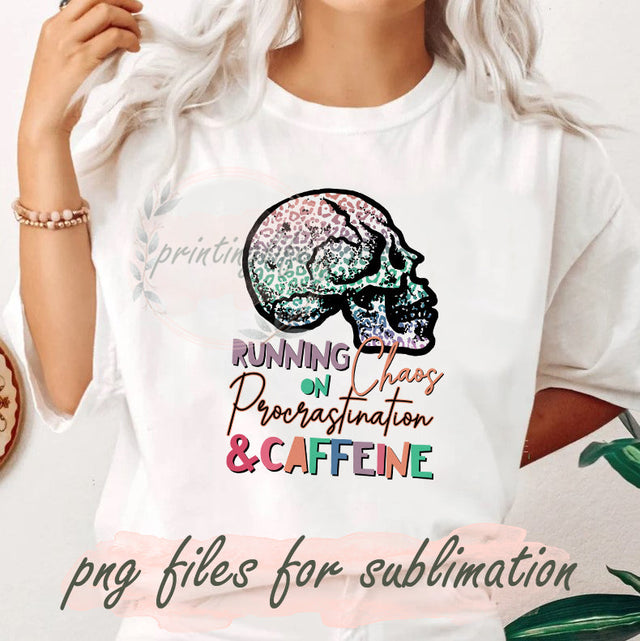 Running On Chaos Procrastination And Caffeine Colorfull Png, Leopard Skull Design Png, Running on Chaos Digital Png, Skull Png, Instant Download Sublimation PrintingLife 