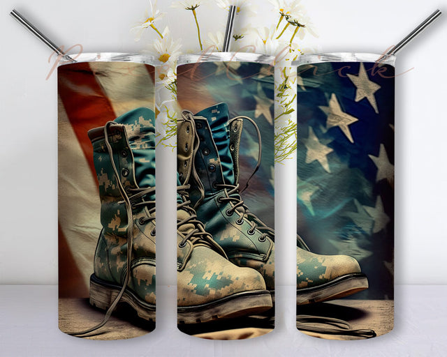 Rustic Country American Soldier 20oz Skinny Tumbler Png, Patriotic Tumbler Wrap, America Flag Tumbler, American Flag With Boots Tumbler Sublimation PixelChick 