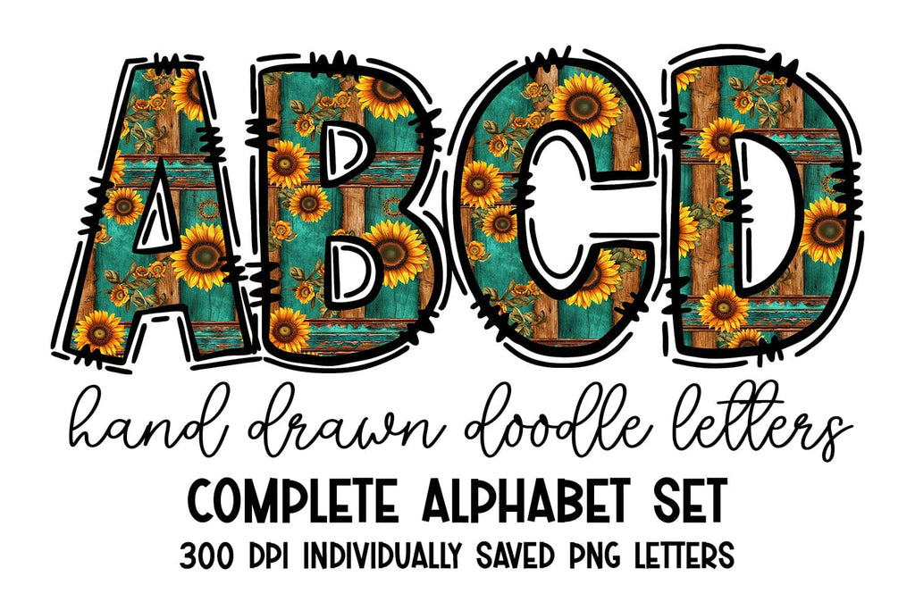 Rustic Country Sunflowers Doodle Letters Alpha Set - So Fontsy