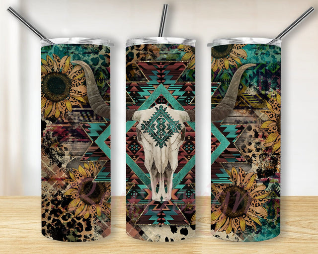 Rustic Cow Skull 20oz Skinny Tumbler Png, Western Brushstrokes, Cowgirl Bull Cow Skull Tumbler, Leopard Sunflower Cow Tumbler Sublimation BouDesign 
