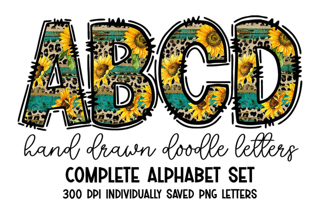 Rustic Distressed Sunflower Doodle Letters Alphabet Set Sublimation BijouBay 