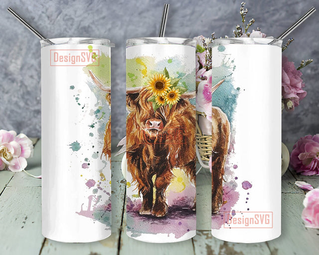 Rustic Highland Cow 20oz Skinny Tumbler, Watercolor Highland Cow Tumbler Design, Cow Tumbler Png, Cow Sunflower Sublimation Design, Digital Download Sublimation DesignSVG 