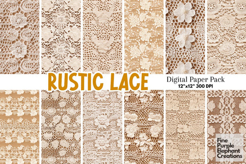 Rustic Lace Digital Paper | Shabby Chic Boho Wedding Digital Pattern Fine Purple Elephant Creations 
