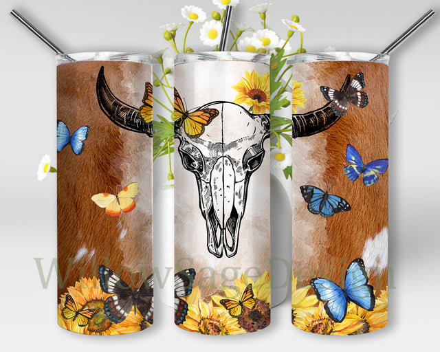 Rustic Longhorn Tumbler Png, Western Bull Skull 20oz Skinny Tumbler, Cowhide Tumbler Wrap, Sunflower Butterfly Design Png, Western Sublimation Design, Instant Download Sublimation WillowSageDesign 