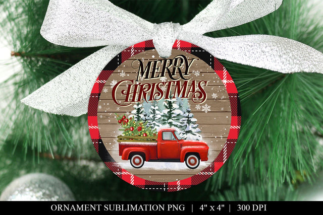 Rustic Red Pick Up Truck Merry Christmas Ornament Template Sublimation BijouBay 