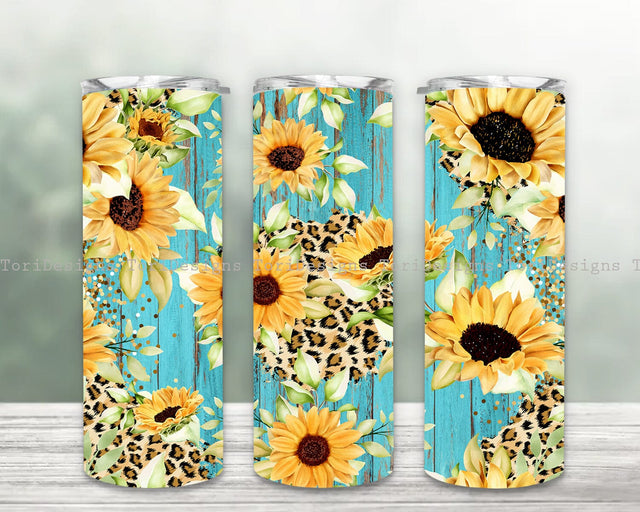 Rustic Sunflower Teal Wood Leopard Tumbler Designs for 20oz Skinny Tumbler Sublimation PNG Wrap Sublimation ToriDesigns 
