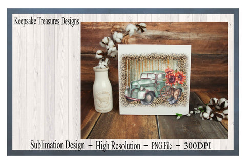 Rustic Sunflower Truck, Sublimation PNG, Digital Download, Leopard Print, Metal Background Sublimation Keepsake Treasures Designs LLC. 