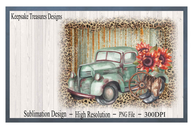 Rustic Sunflower Truck, Sublimation PNG, Digital Download, Leopard Print, Metal Background Sublimation Keepsake Treasures Designs LLC. 