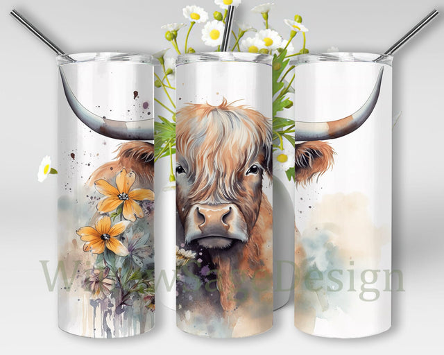 Rustic Watercolor Highland Cow 20oz Skinny Tumbler Png, Watercolor Flowers, Highland Cow Sublimation Designs Downloads, Floral Ranch Tumbler Sublimation WillowSageDesign 