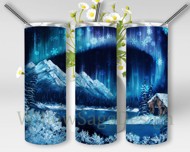 Rustic Winter Tumbler Design, Snowy Mountain 20oz Skinny Tumbler, Mountain Scene Tumbler Png, Christmas Snowflake Png, Winter Scene Sublimation Design, Digital Download Sublimation WillowSageDesign 