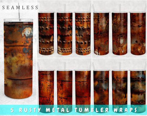 Rusty Metal Tumbler Wraps Bundle, 20 Oz Skinny Tumbler Rusty Metal Sublimation Designs, Seamless Rusty Metal Barrel PNG, 5 Designs Sublimation HappyDesignStudio 